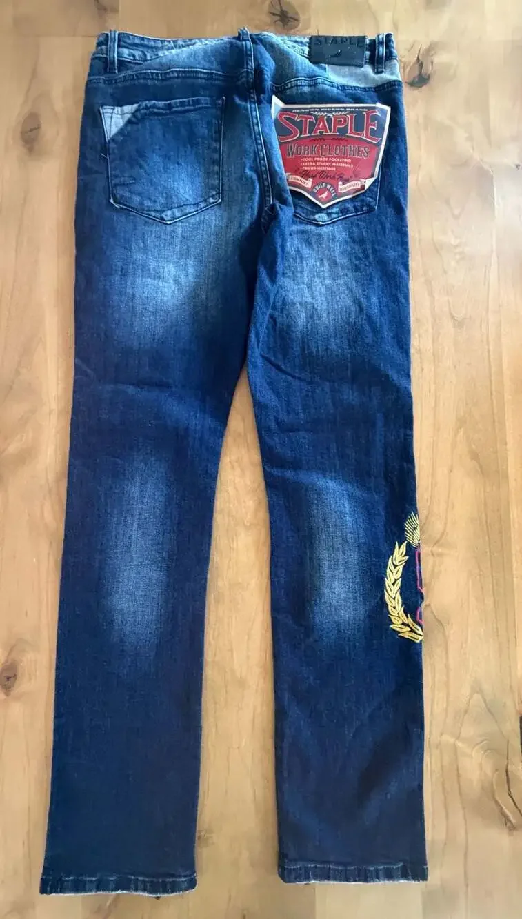 Staple Pigeon Brand World Renown Embroidered Distressed Jeans, Size 32